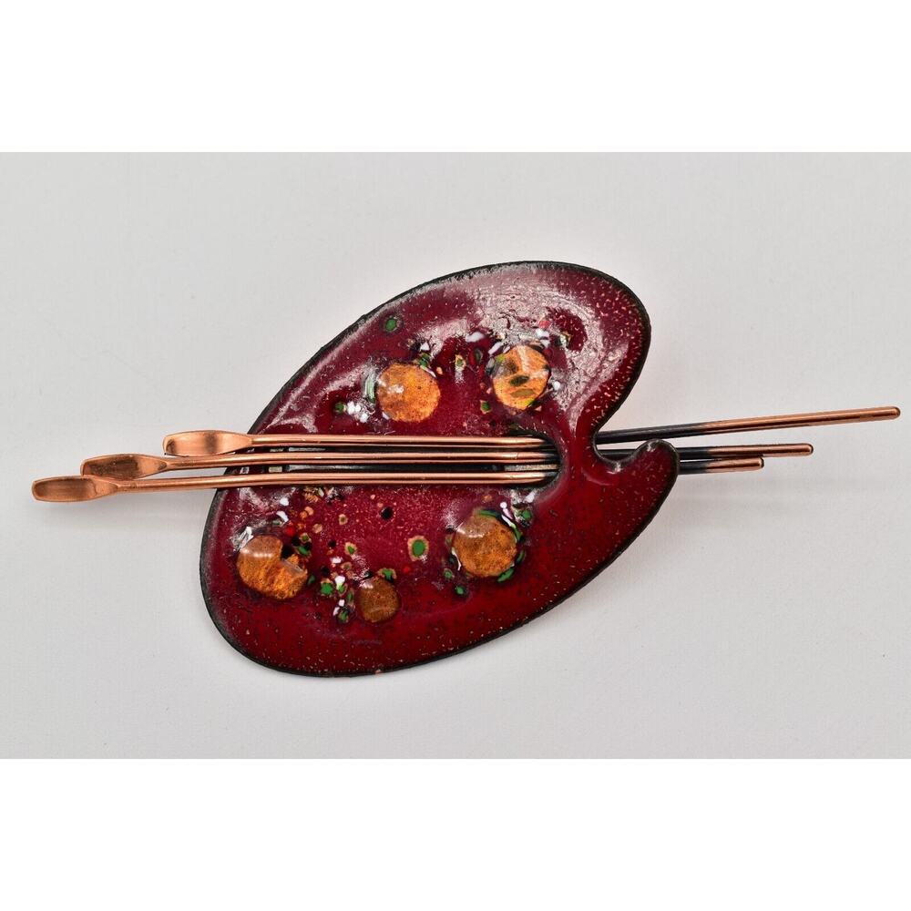 Matisse Renoir Palette Brooch Pin Copper Red Enamel Vintage Signed 1950s BinBG